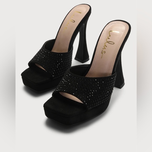 Lulus Shoes - Lulus Karelee Black Suede Rhinestone Platform High Heel Sandals 8.5